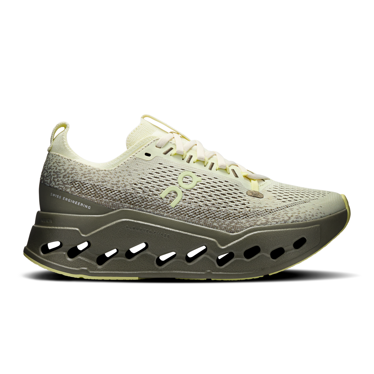Light olive knit lace-up running shoe with CloudTec cutout midsole
