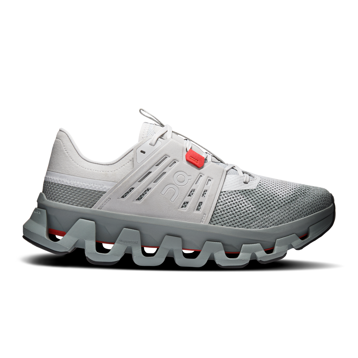 Men's On Running Cloudswift Amp shoes in gray knit with gray molded sole and red accents