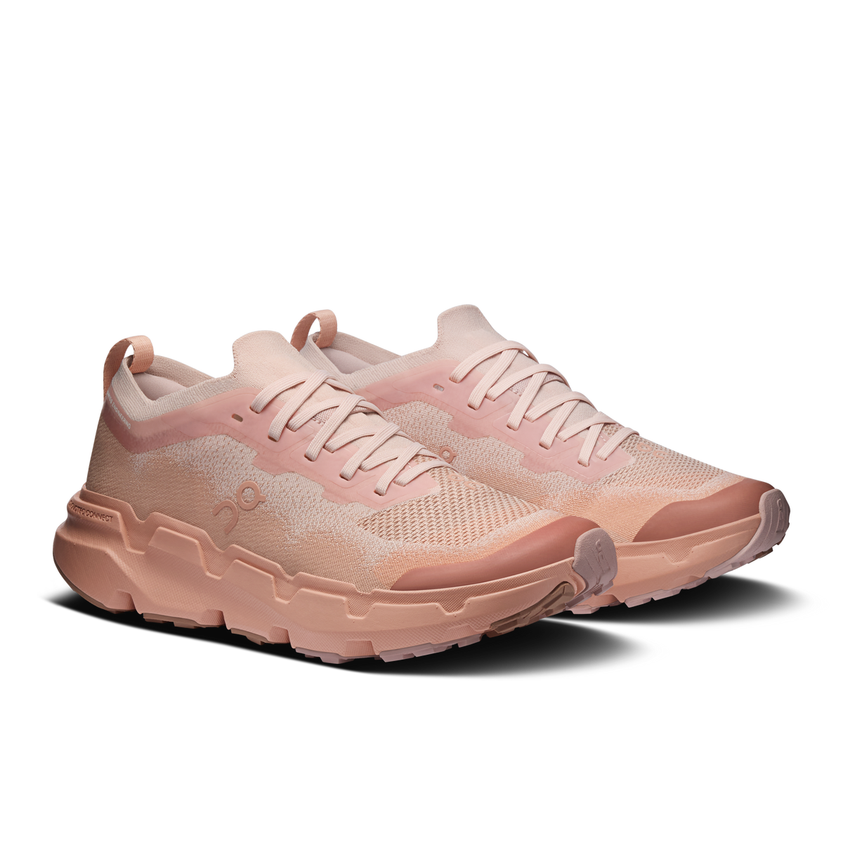 On Running Cloudsoma women's shoes, side view with rose knit texture and chunky sole