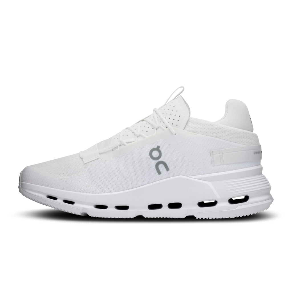 On Cloudnova 2 men's white running shoes, side view with lace-up knit upper