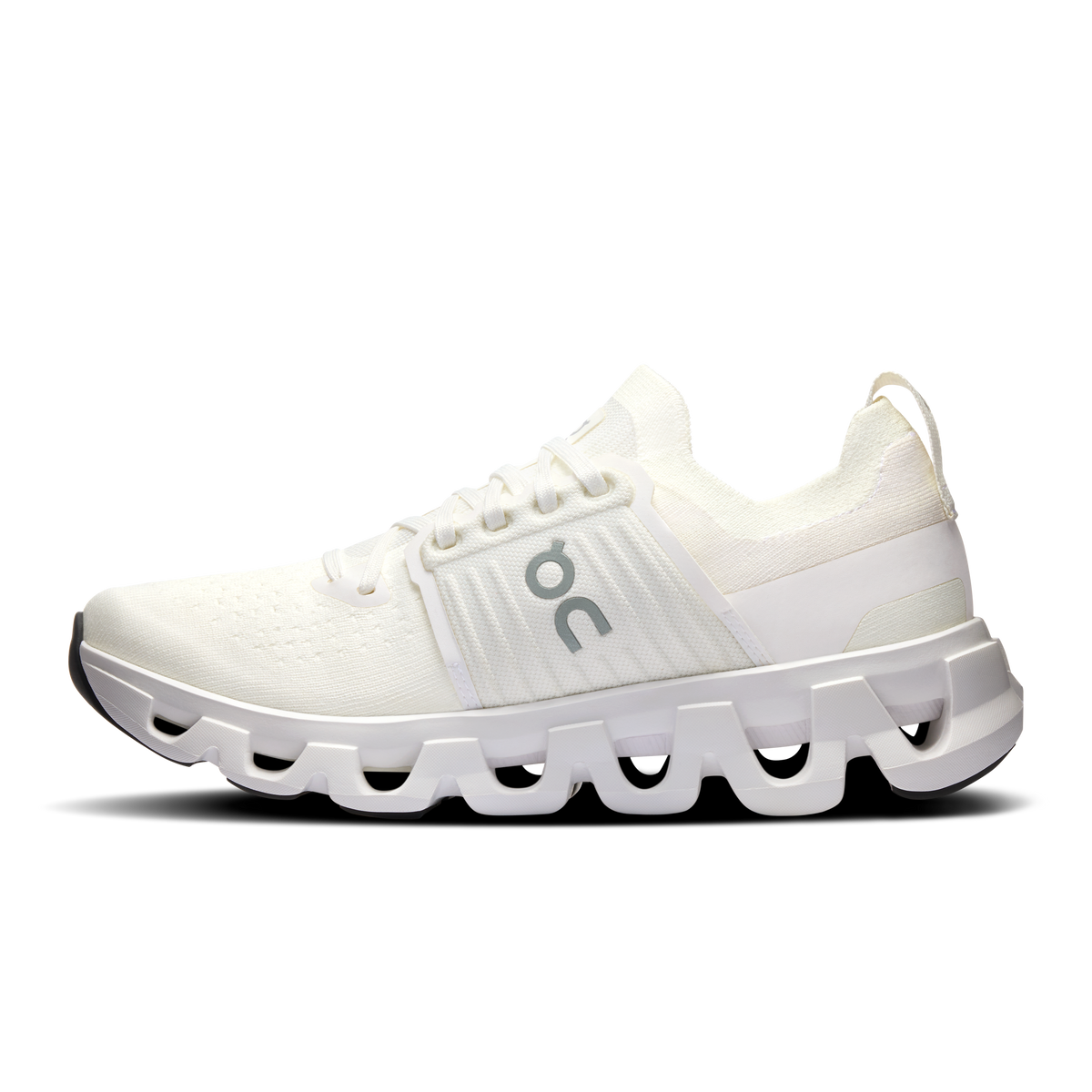 White lace-up running shoe with thick cushioned sole and side logo panel