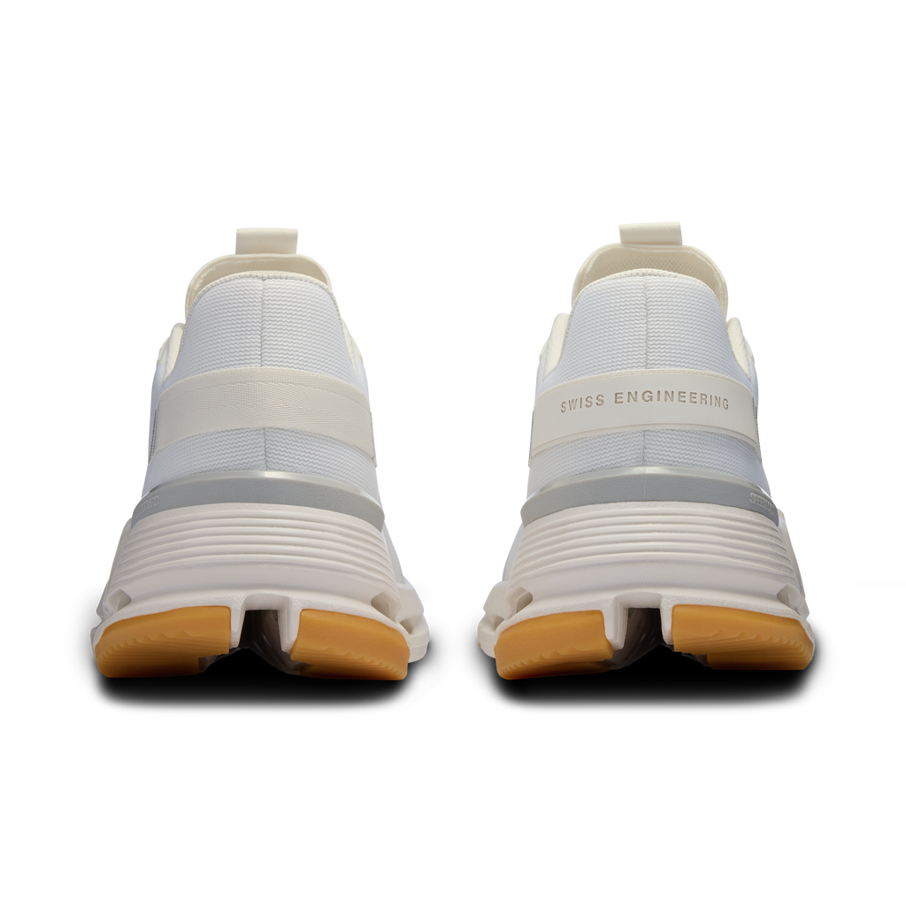 Men's running shoes in white/ivory, heel and back view with 'Swiss Engineering' logo
