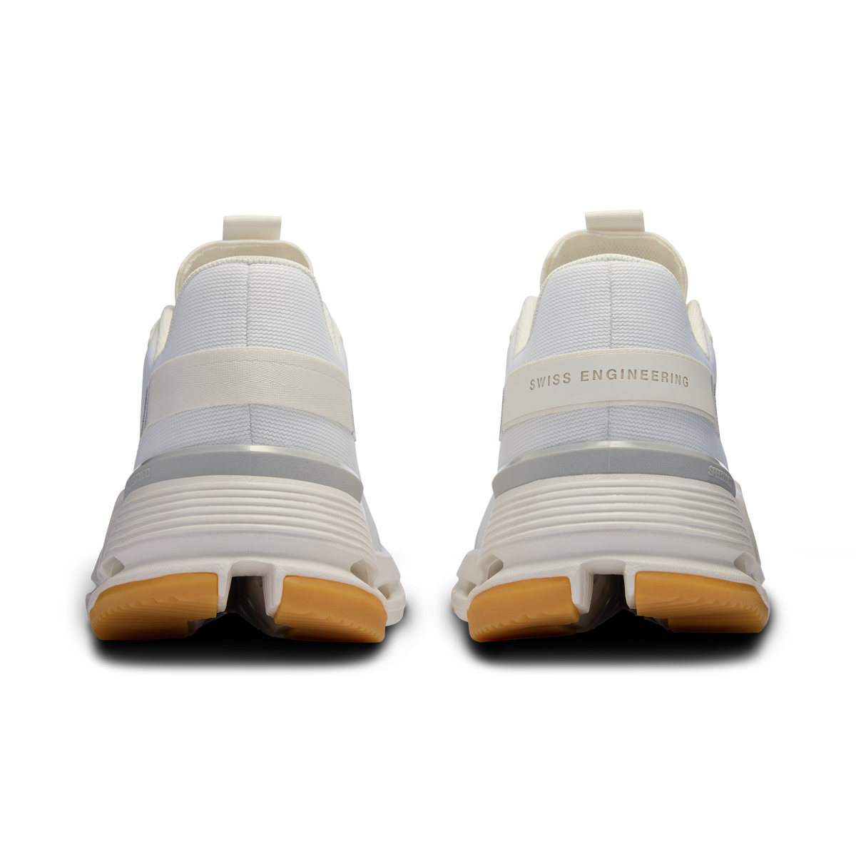 Men's running shoes in white/ivory, heel and back view with 'Swiss Engineering' logo