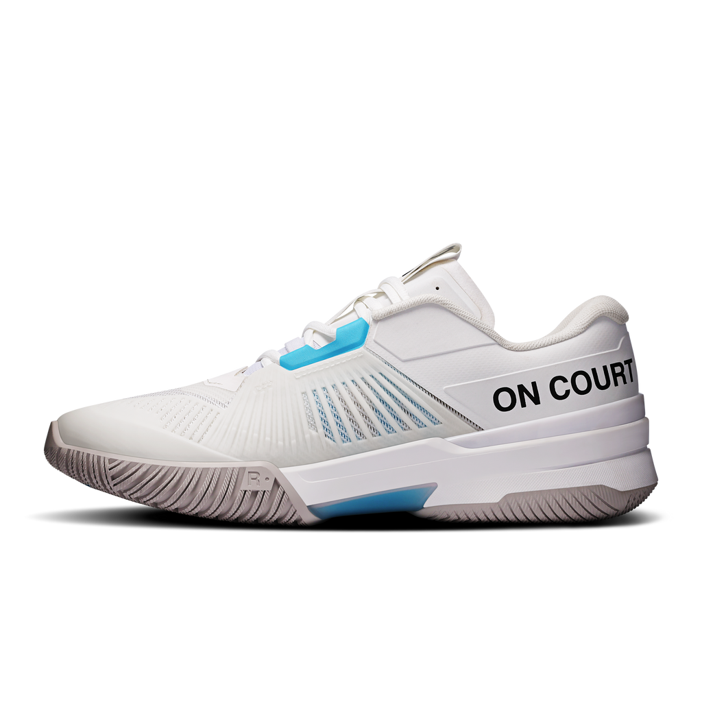 Men's On Running Roger Pro Fire shoe side view, white with blue stripe and 'ON COURT' text