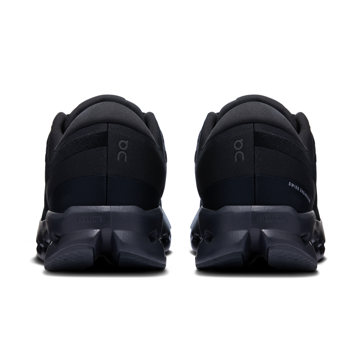 Women's wide black running shoes, rear view with cushioned heel collar