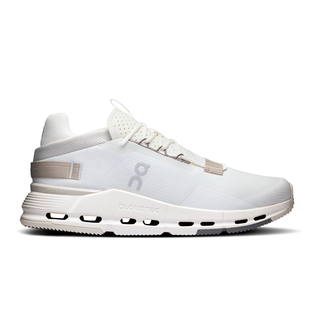 Men's white running shoes with CloudTec cushioning and lace-up closure, sand accents
