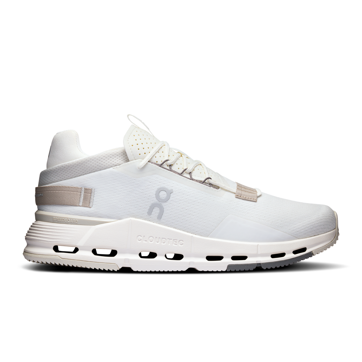 Men's white running shoes with CloudTec cushioning and lace-up closure, sand accents