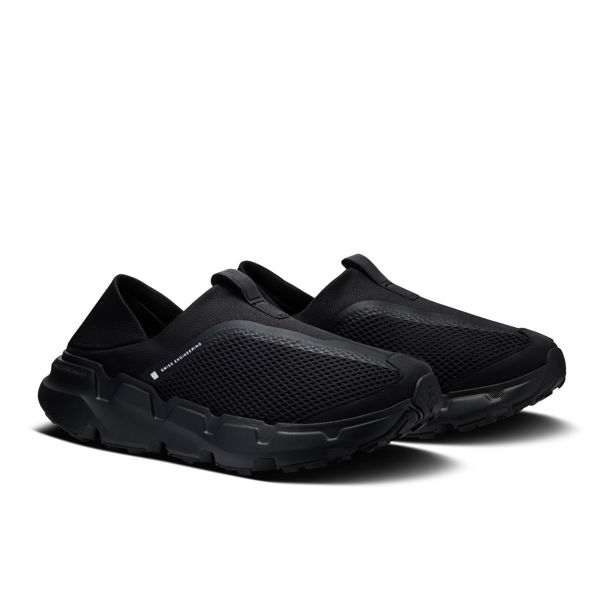 Women's black slip-on moc shoes, side view with mesh upper and chunky outsole