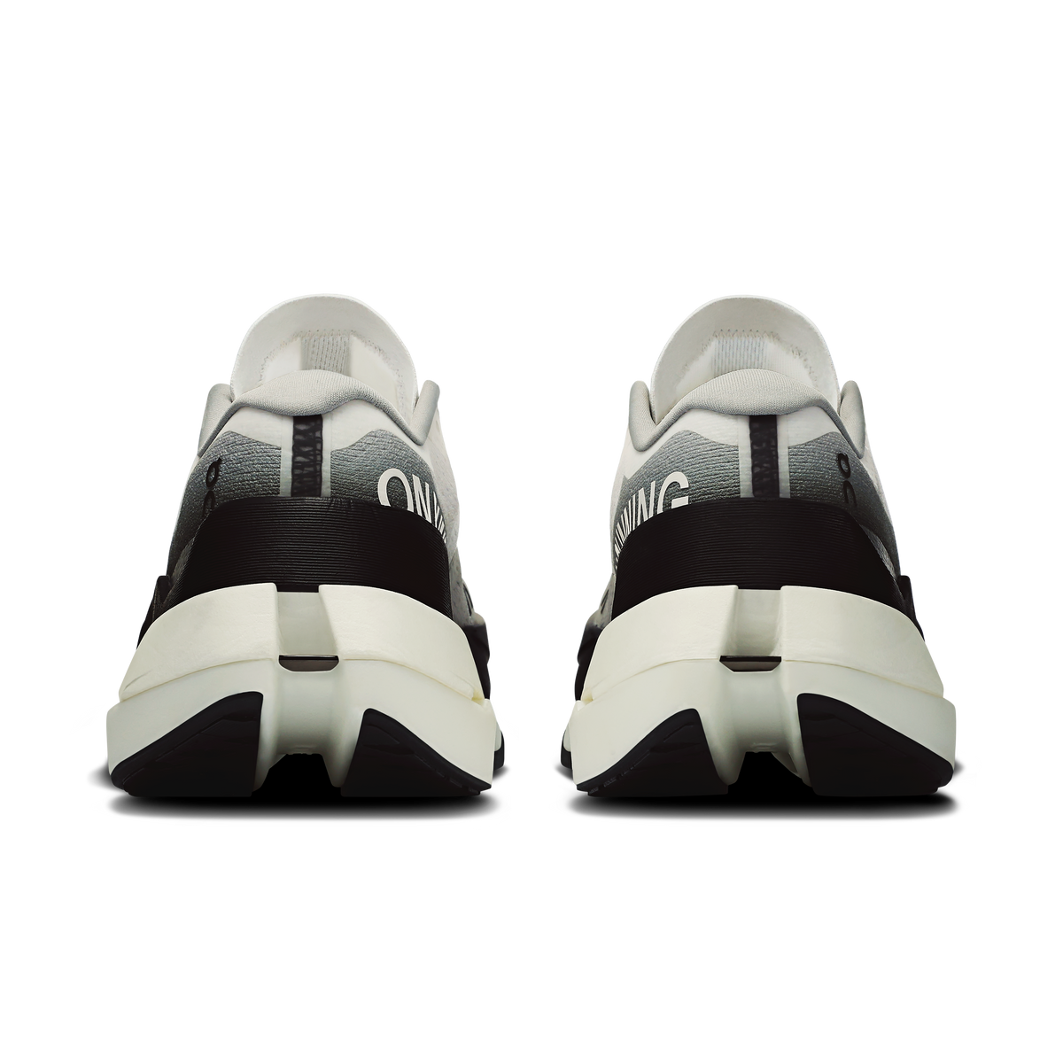 Women's On Cloudboom Max heel view with white upper, black collar, and cushioned midsole