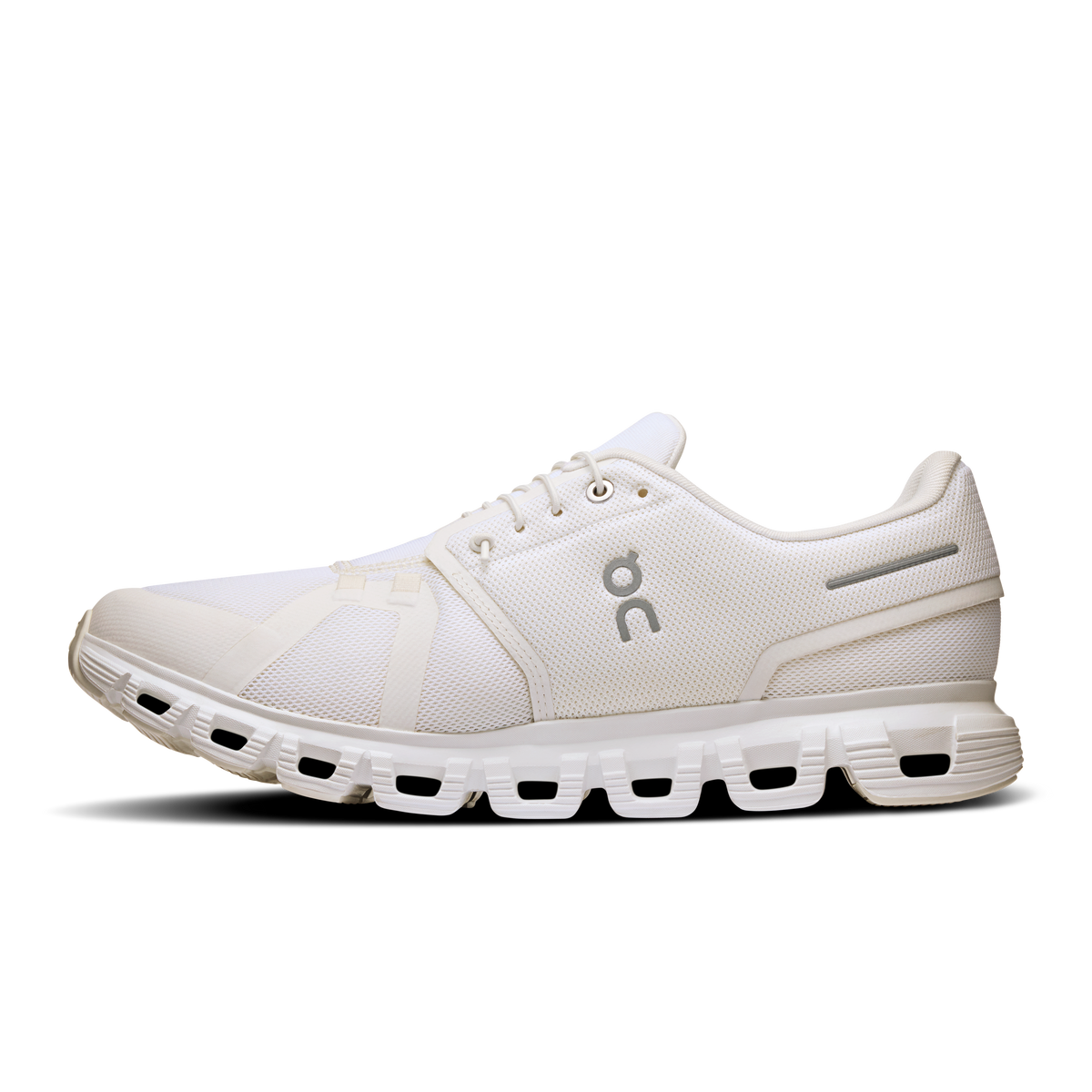 On Cloud 6 wide running shoes, white mesh upper, lace-up, side view