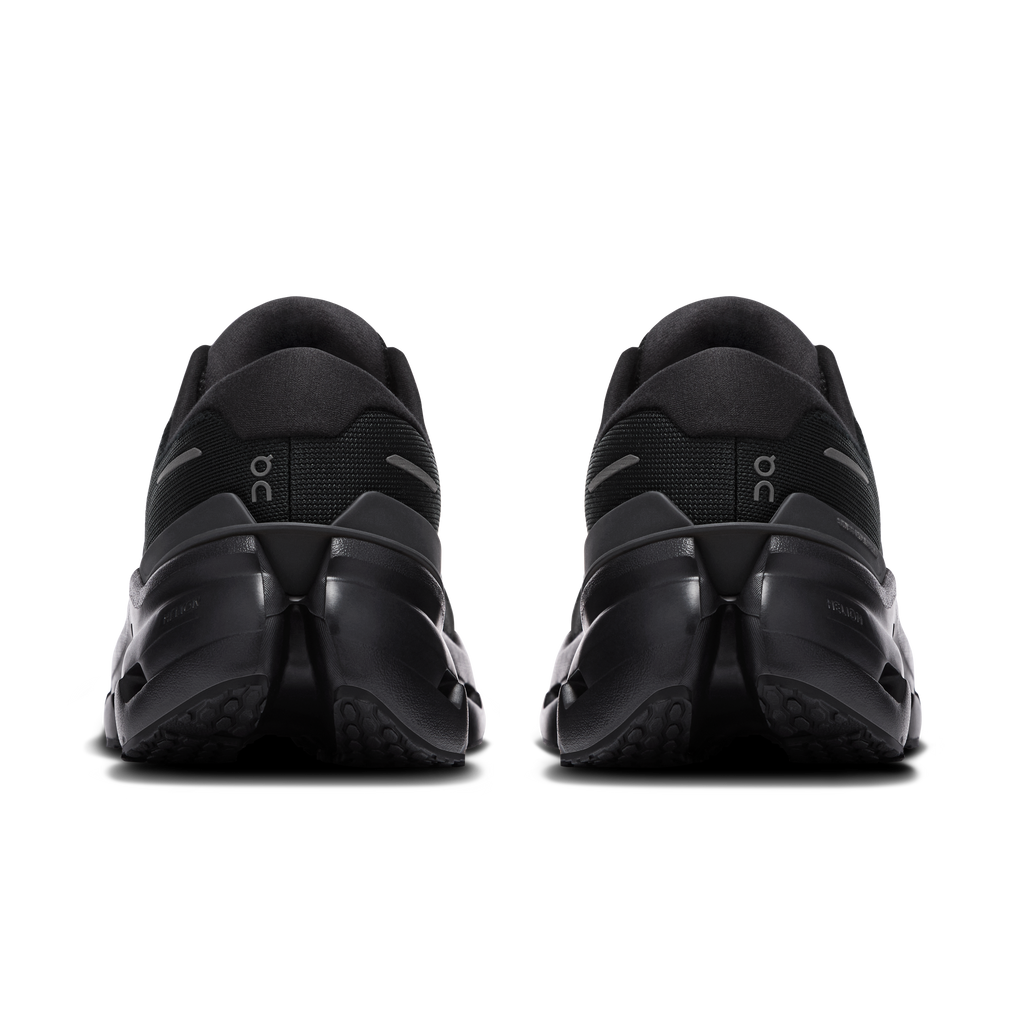 Men's Cloudrunner 3 black running shoes, rear view of heel counter and padded collar