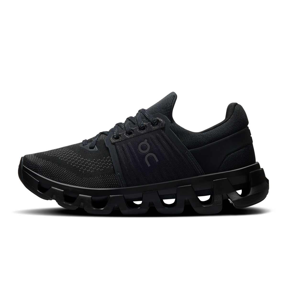 Women's black lace-up running shoes with textured mesh upper and cushioned midsole