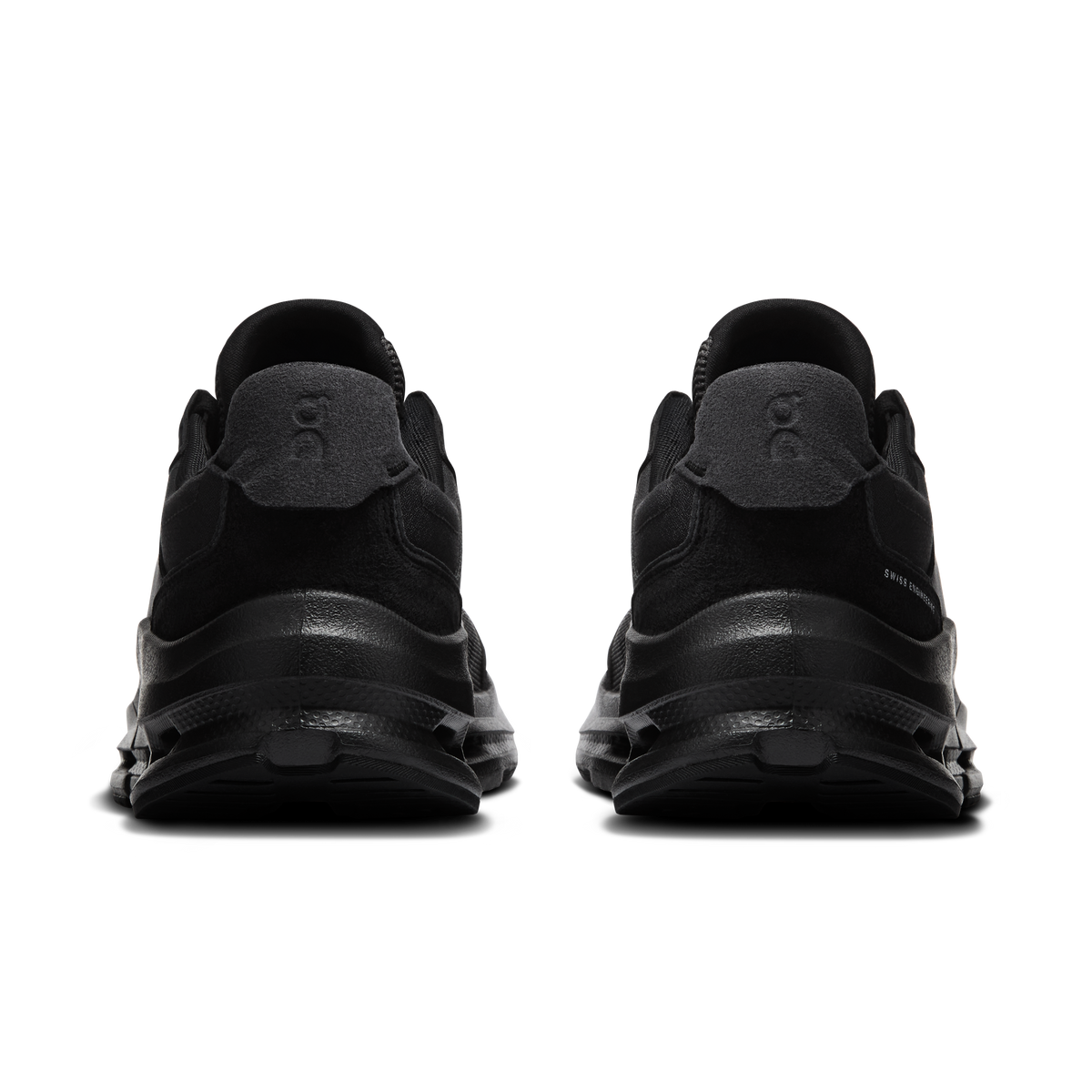 Men's black running shoes rear view with cushioned heel and pull tabs