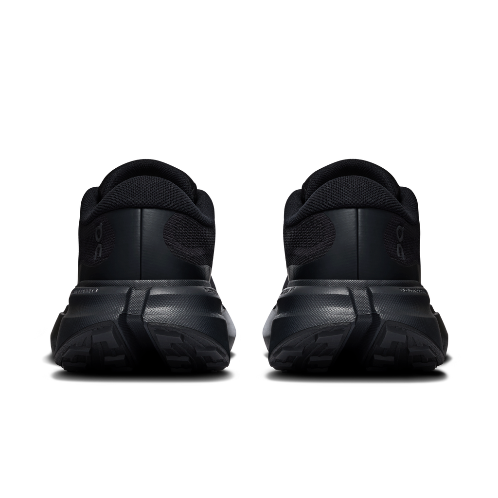 Black back view hiking shoes with padded collar and grippy treaded sole