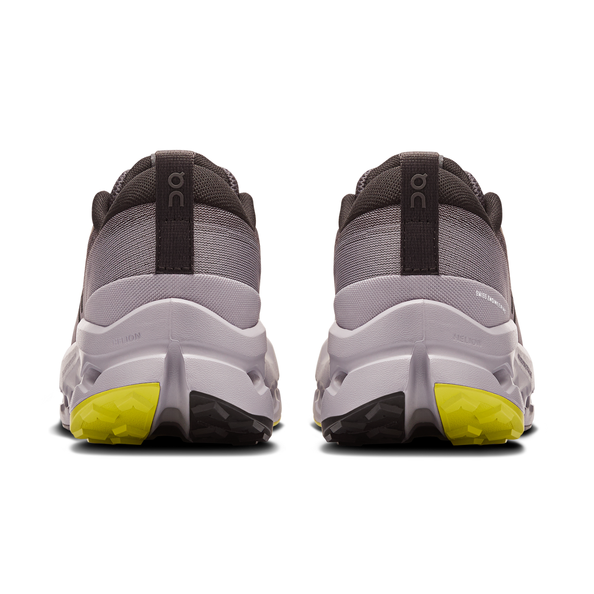 Women's trail running shoes heel view, gray upper with white cushioning and yellow outsole