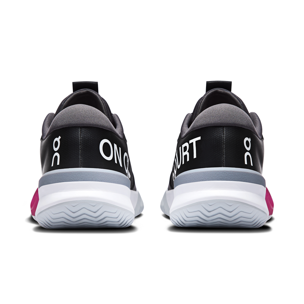 On Running Roger Pro 3 clay shoes heels, black back with pink trim and white midsole