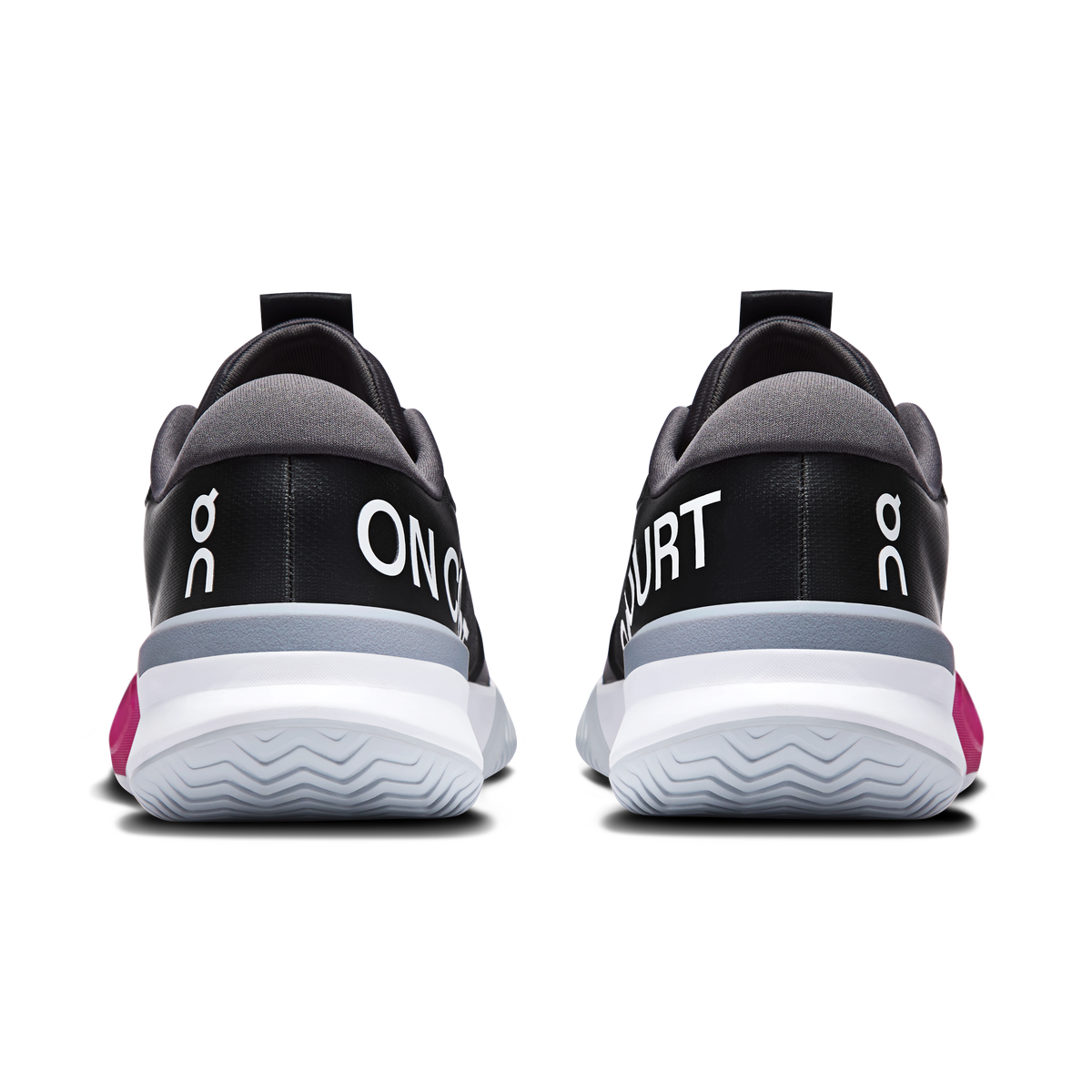 On Running Roger Pro 3 clay shoes heels, black back with pink trim and white midsole