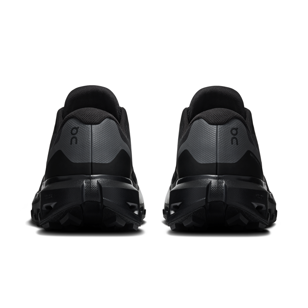 Men's waterproof running shoes, black rear view with padded collar and cushioned heel