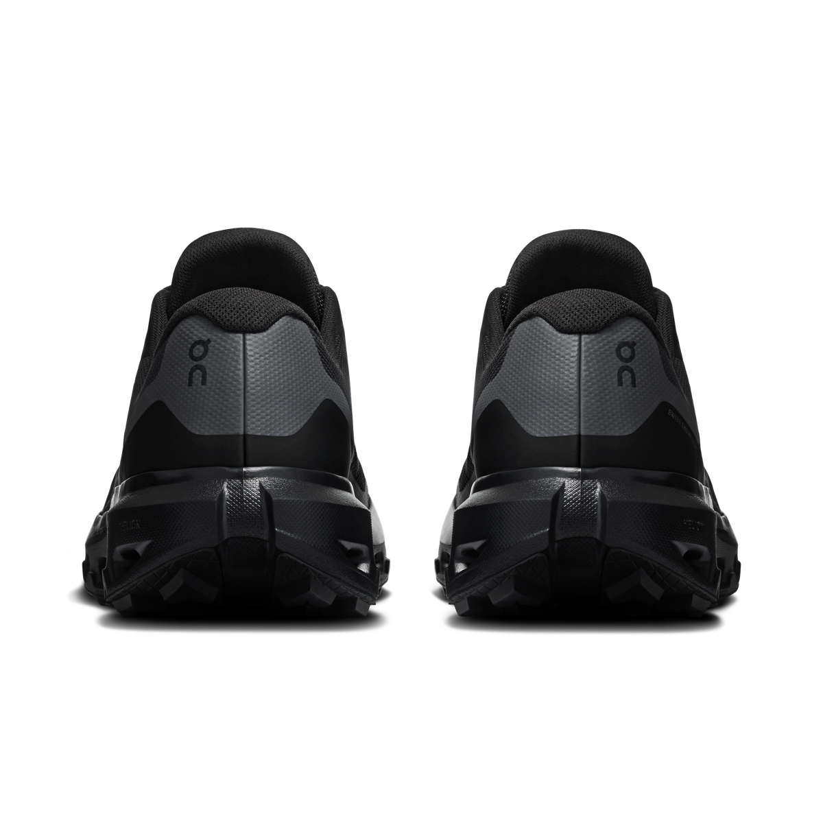 Men's waterproof running shoes, black rear view with padded collar and cushioned heel