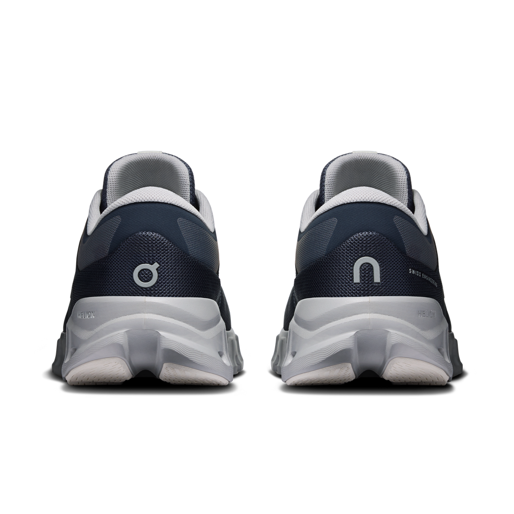 Men's On Cloud X 5 navy running shoes, rear view with padded collar and heel