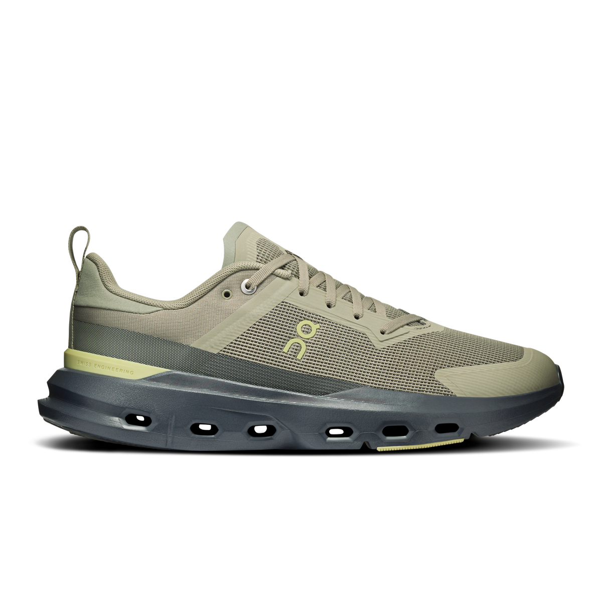Men's running shoes with olive mesh upper, lace-up closure, and CloudTec midsole pods