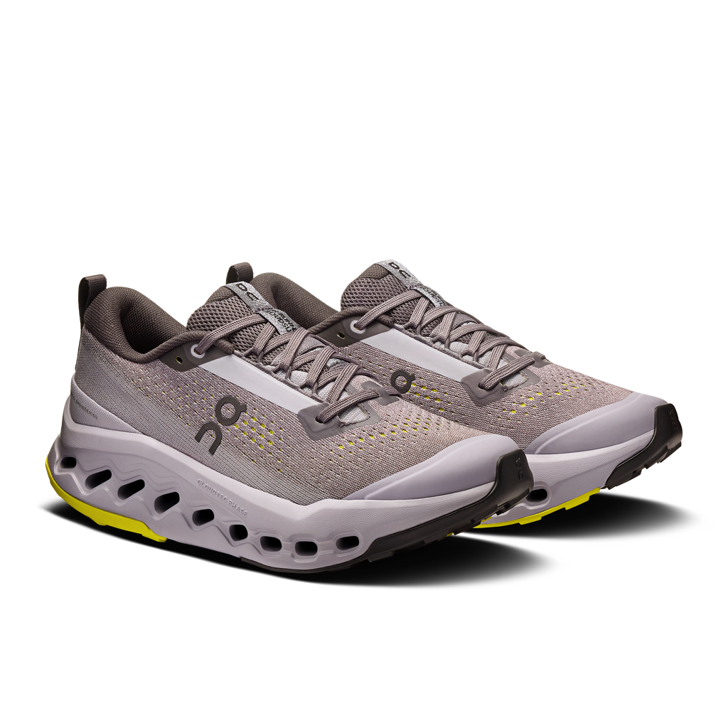 Women's trail running shoes, gray knit upper, lace-up with white midsole and yellow outsole