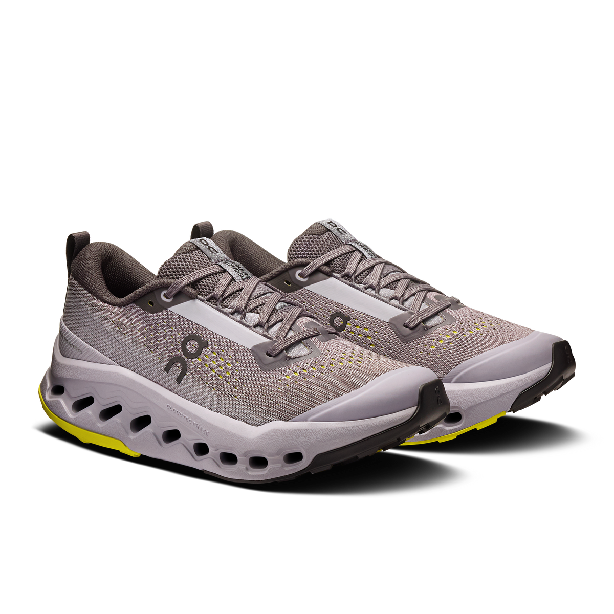 Women's trail running shoes, gray knit upper, lace-up with white midsole and yellow outsole