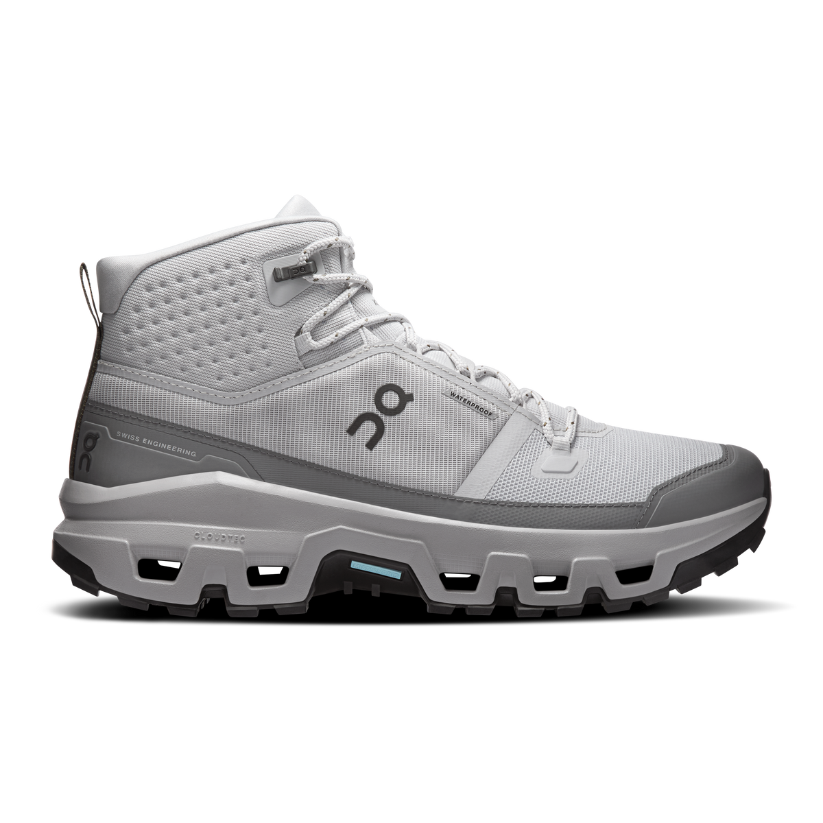 Men's waterproof mid hiking shoes, light gray mesh upper and gray rubber toe cap