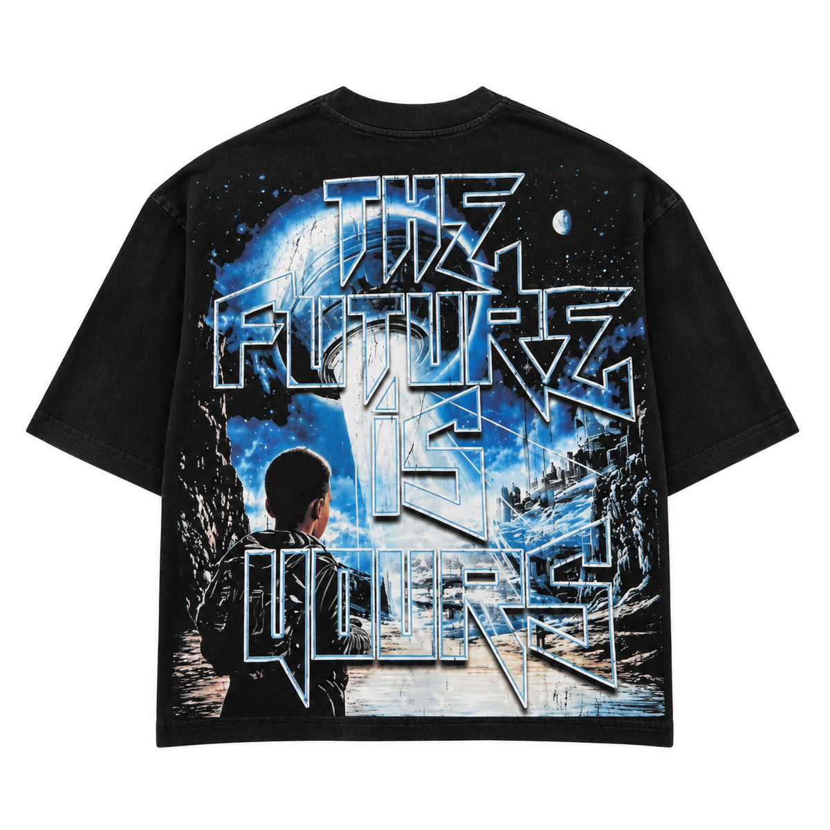 Jet black graphic T-shirt with blue back design, large text-style print, crew neck
