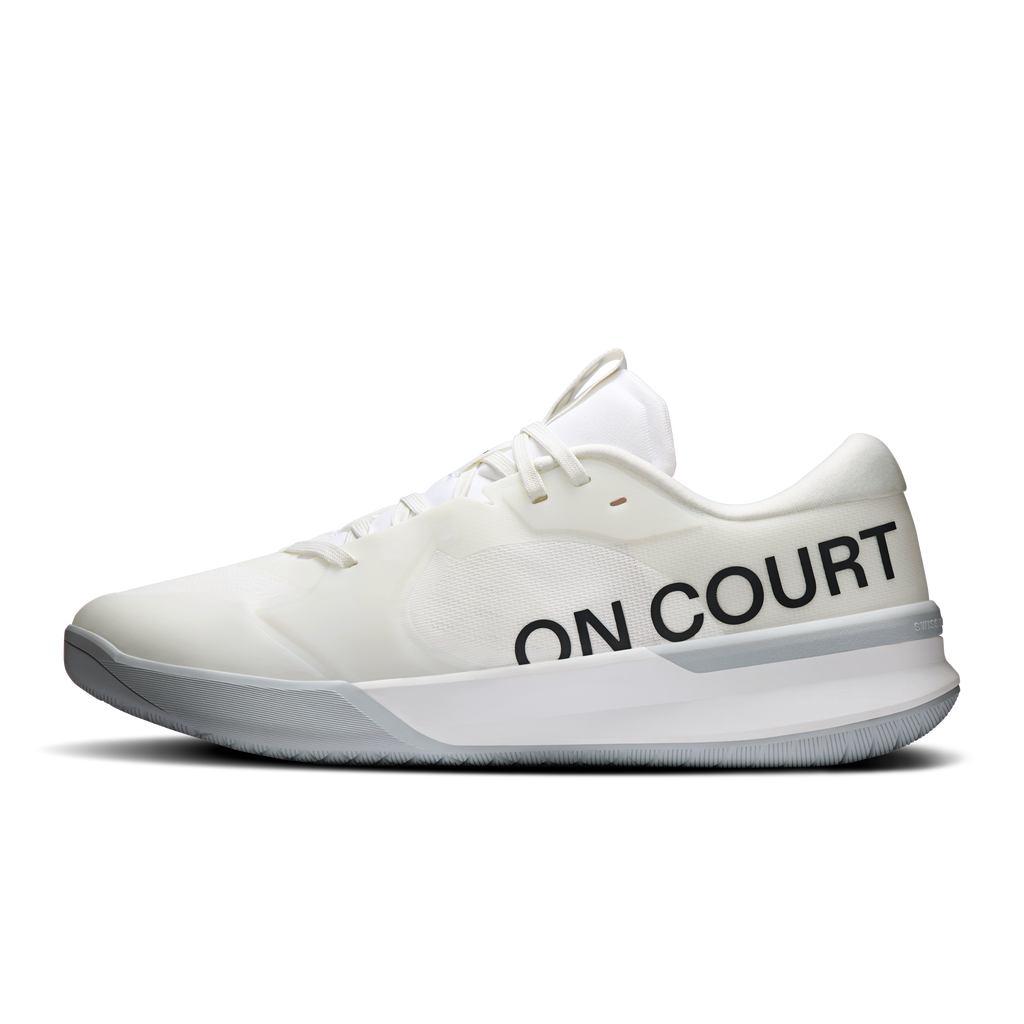 Men's white court-style running shoe with 'ON COURT' logo on heel