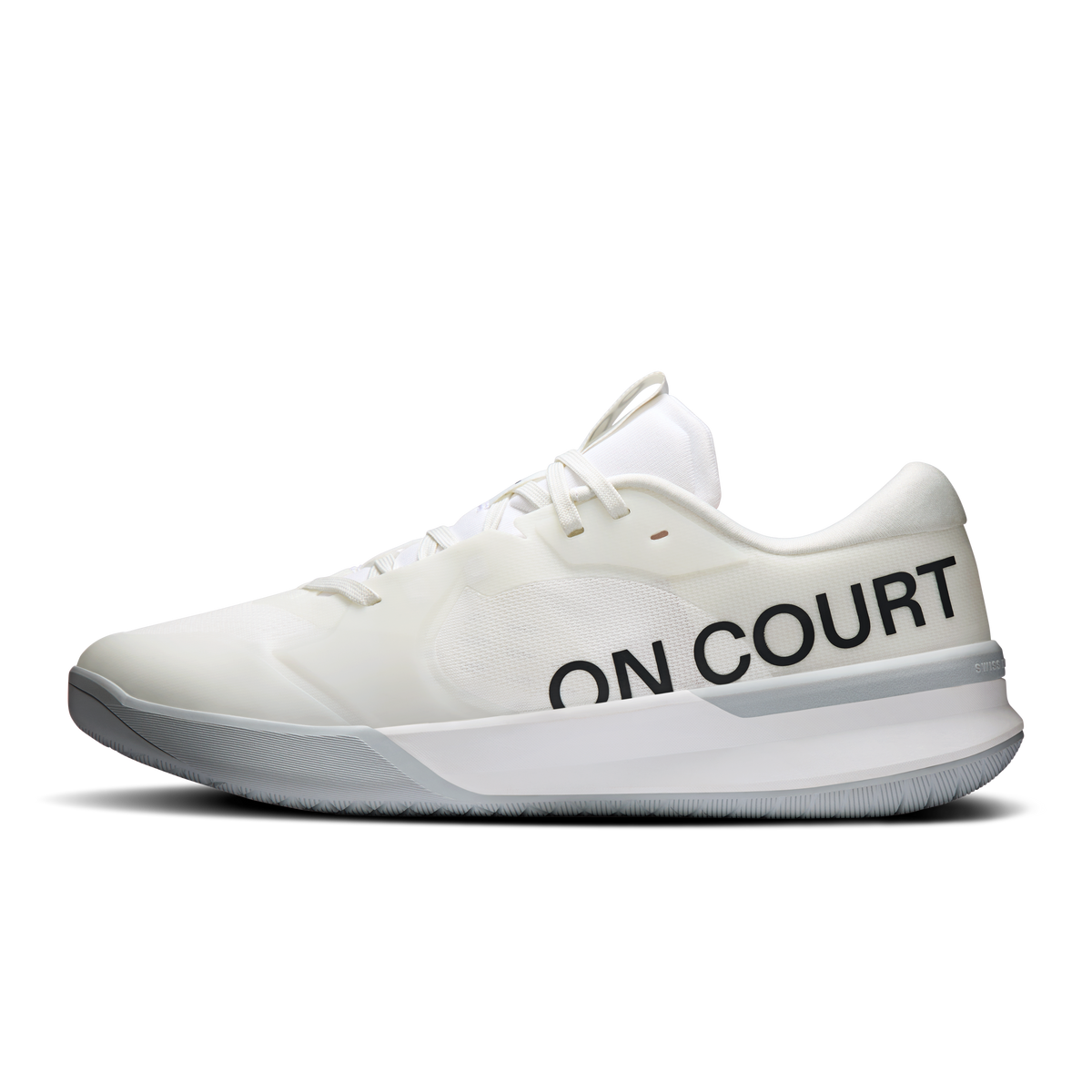 Men's white court-style running shoe with 'ON COURT' logo on heel