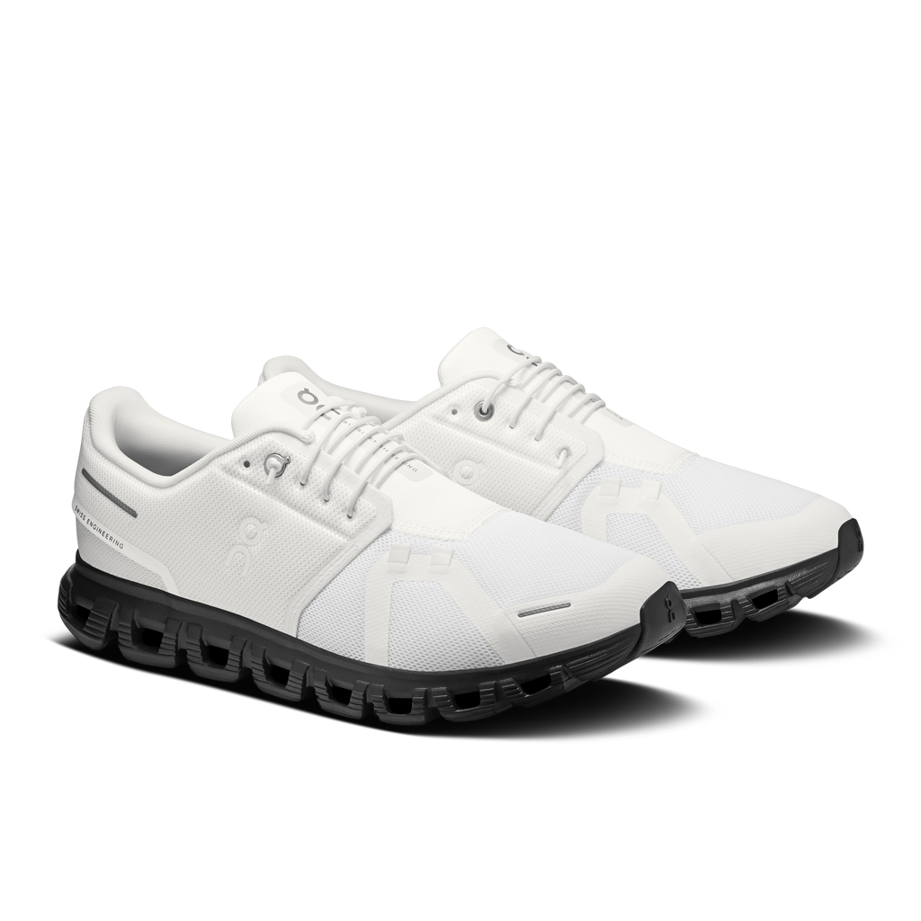 On Cloud 6 men's running shoes, white upper and black outsole, side-by-side