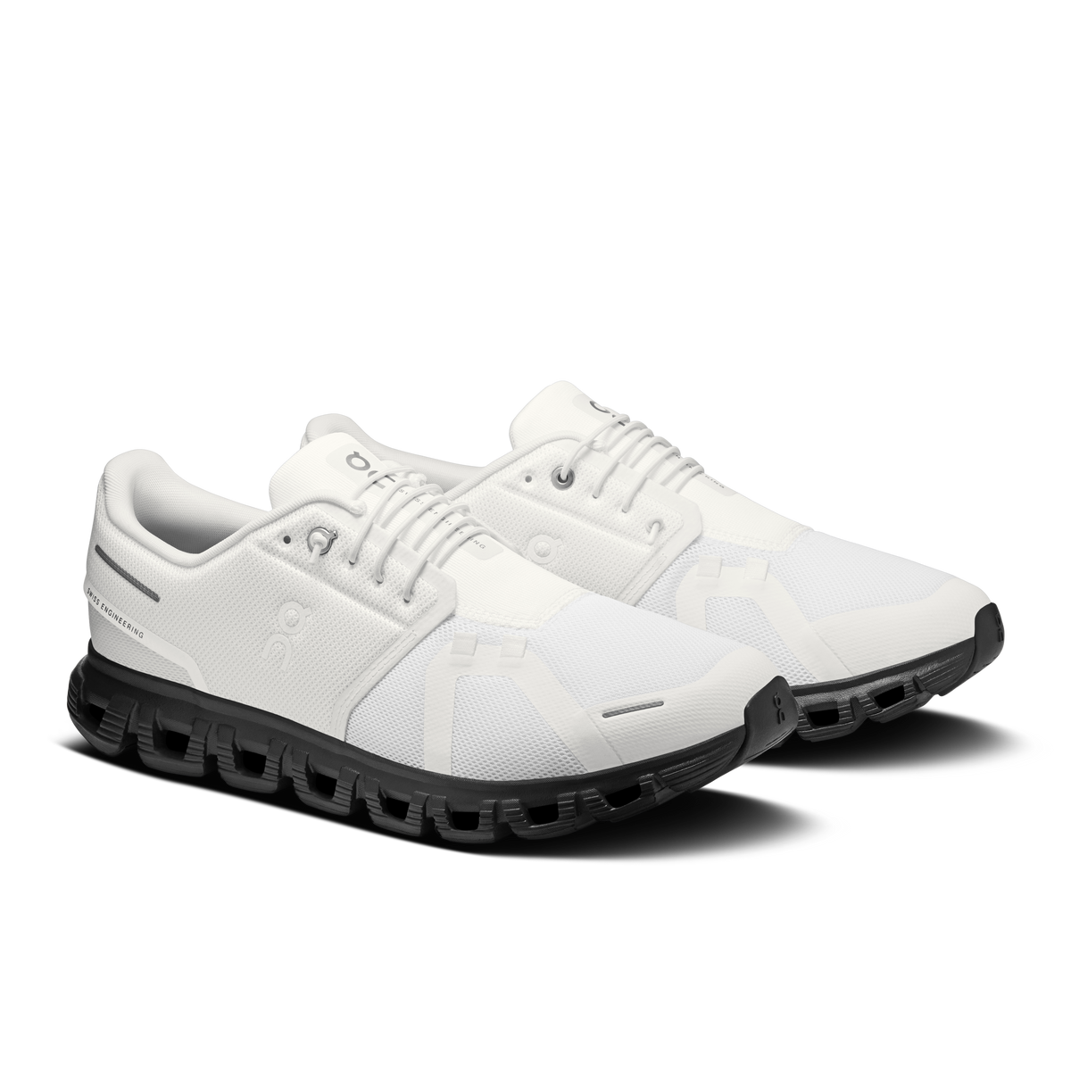 On Cloud 6 men's running shoes, white upper and black outsole, side-by-side