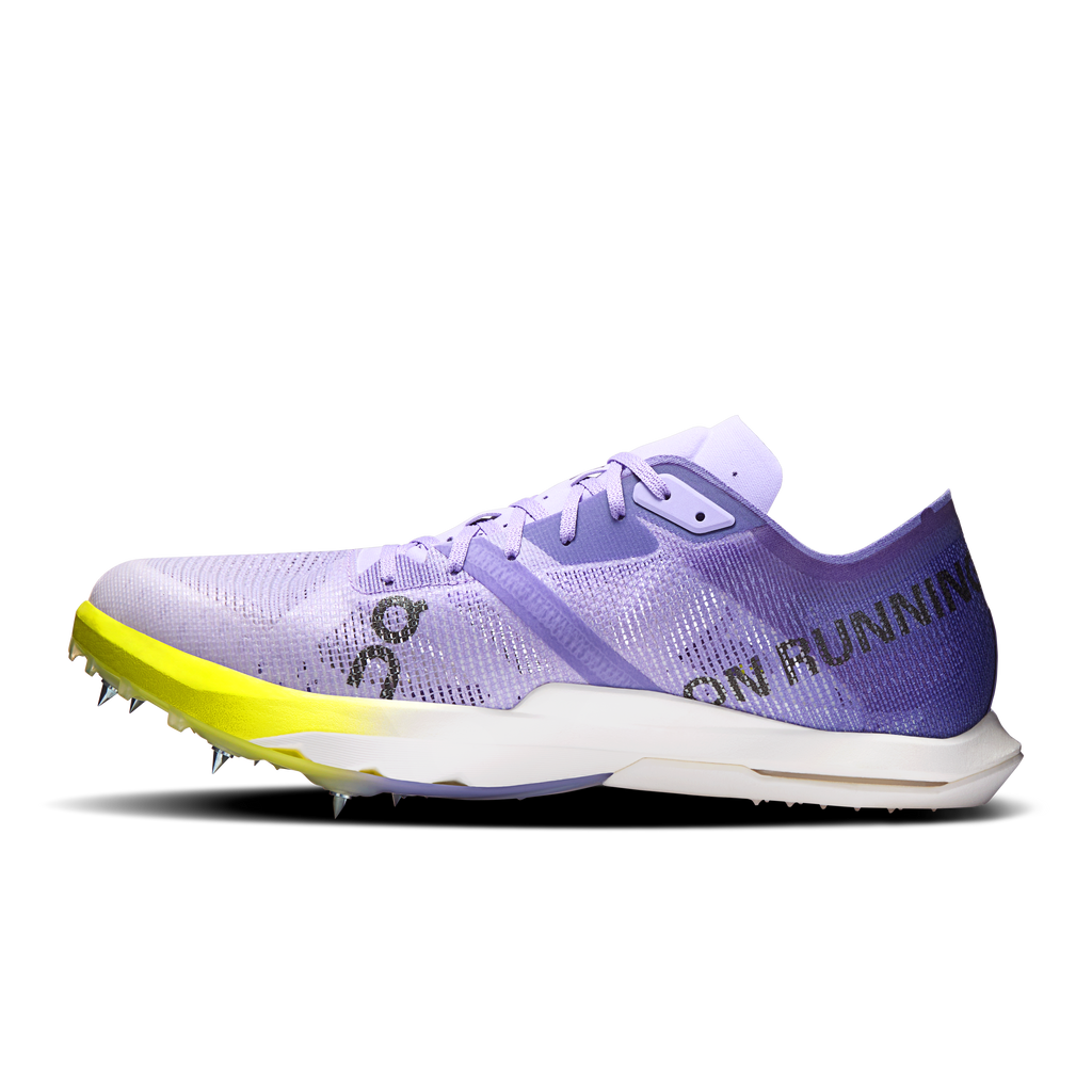 Men's running shoes with purple mesh upper, lime outsole, lace-up and side branding