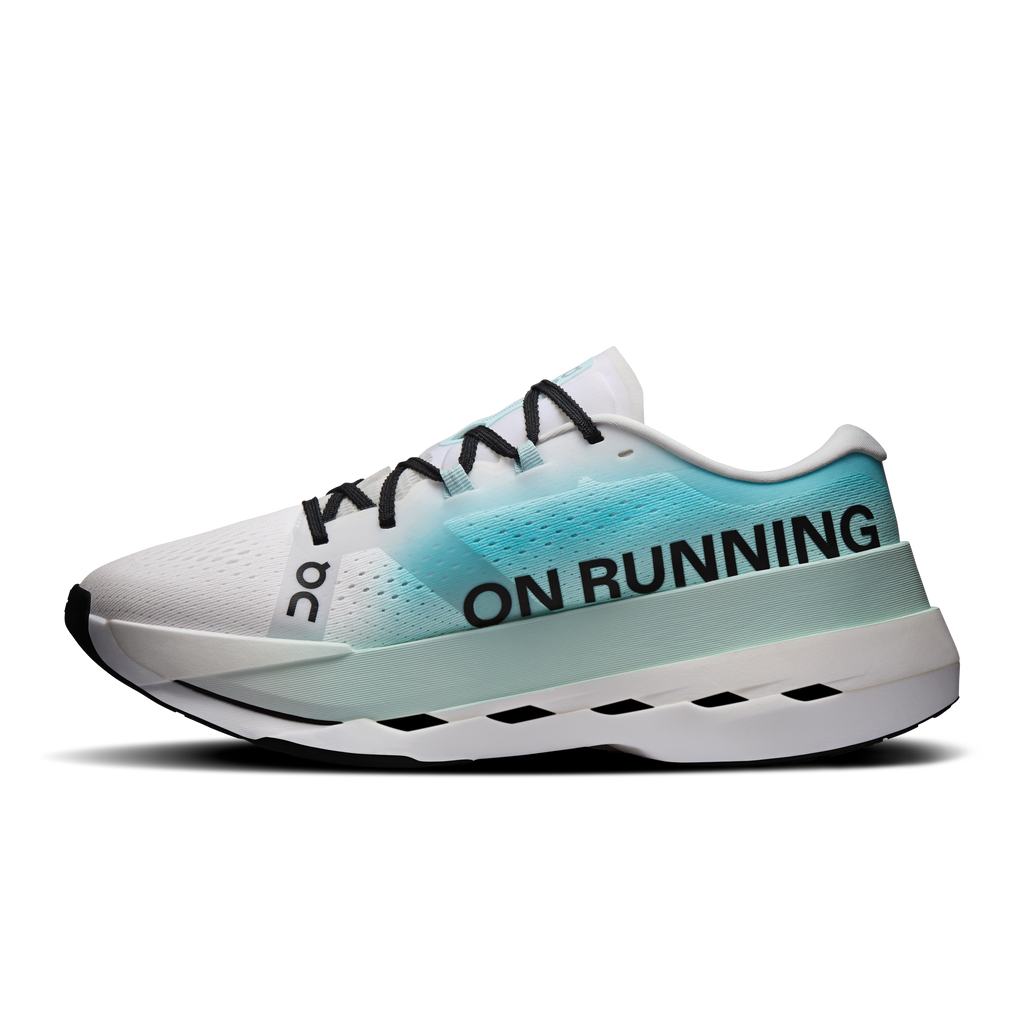 Men's white and teal running shoes with black laces and 'ON RUNNING' heel