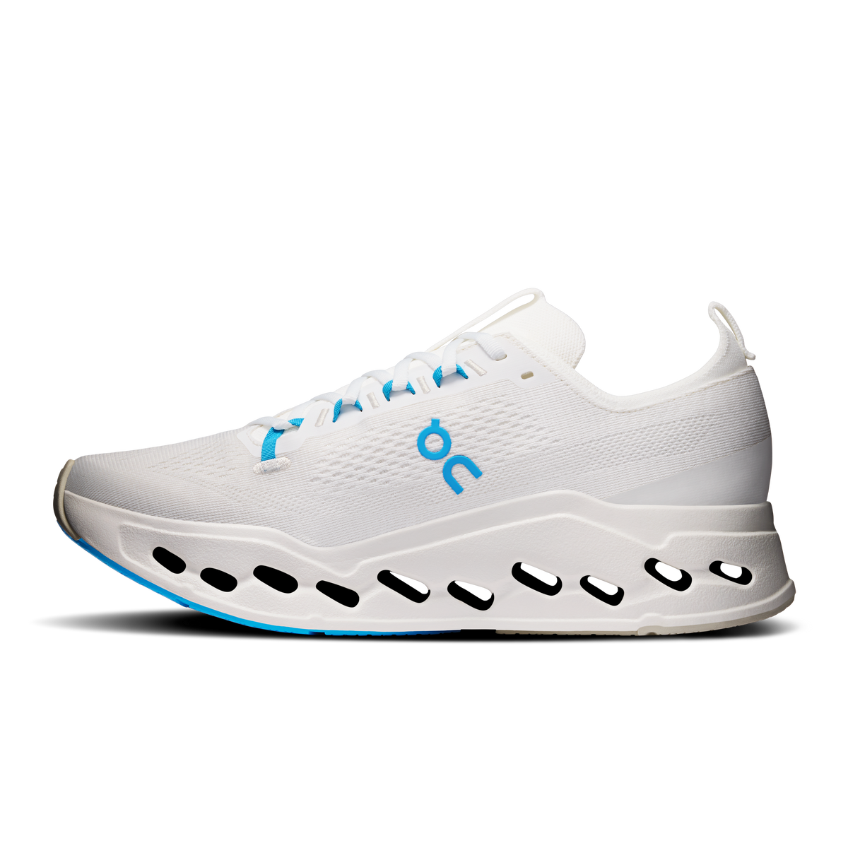 White running shoe with blue lace details and perforated Cloudsurfer Max sole