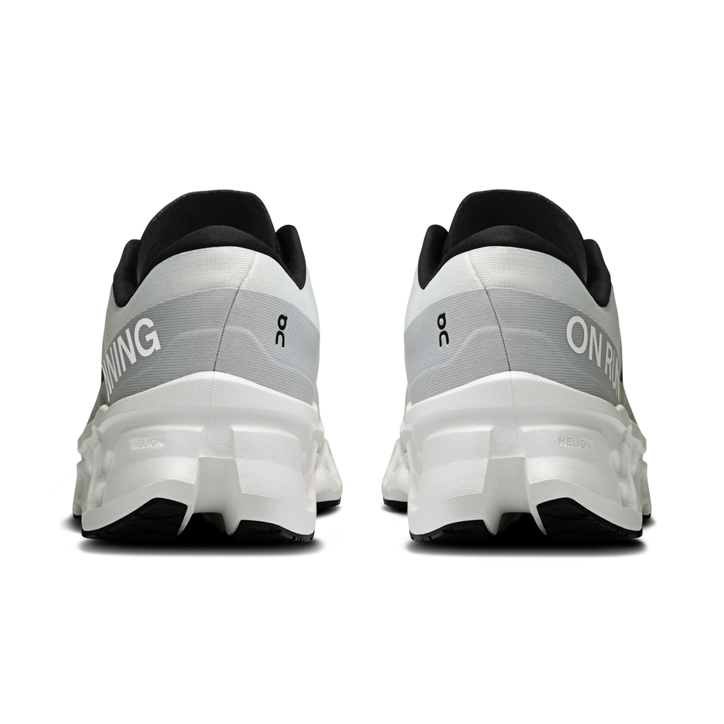On Cloudmonster 3 running shoes for men, rear view with black heel tabs
