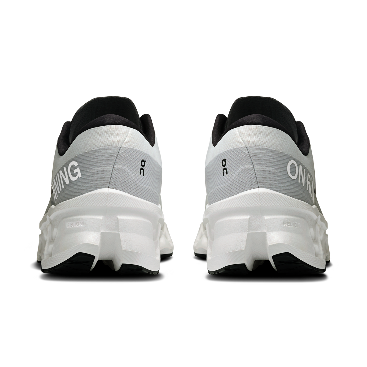 On Cloudmonster 3 running shoes for men, rear view with black heel tabs
