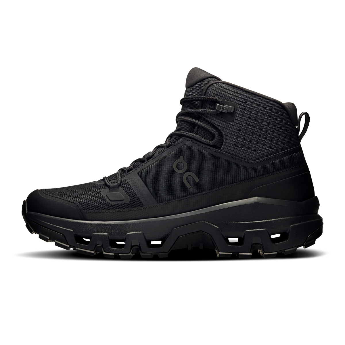 Black mid waterproof hiking shoe with side overlays and ankle strap detail