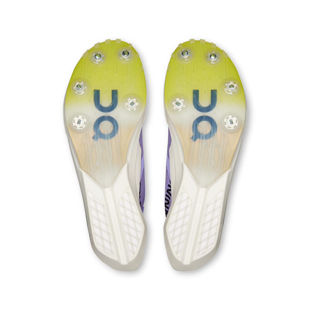 On Cloudspike Amplius 2 treaded outsole bottoms, yellow-lime with white frame