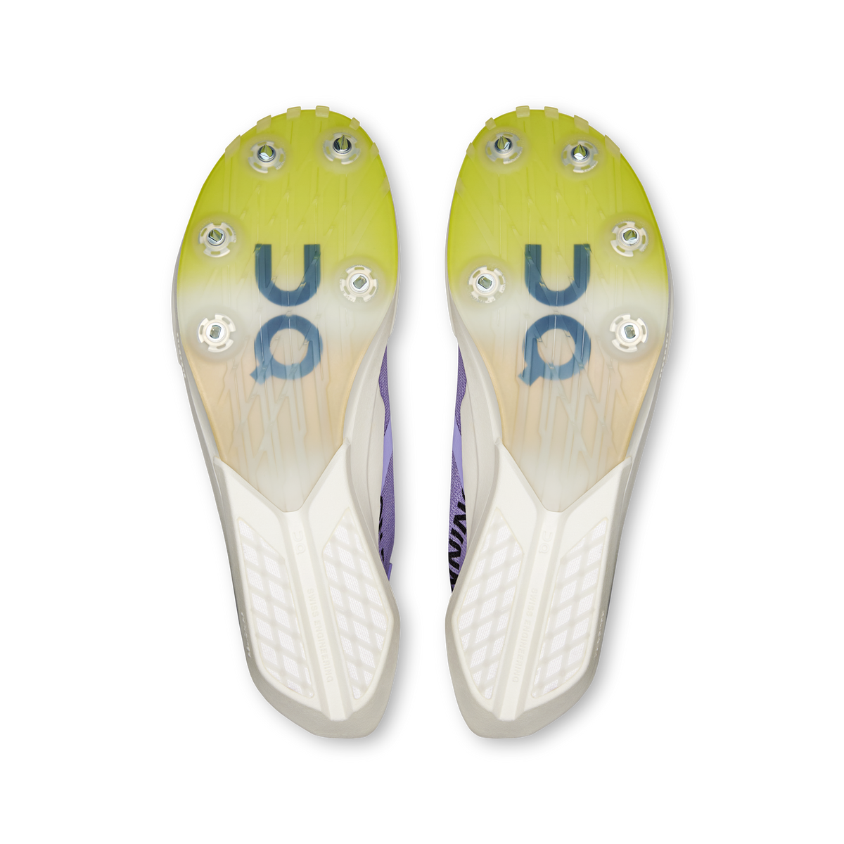 On Cloudspike Amplius 2 treaded outsole bottoms, yellow-lime with white frame