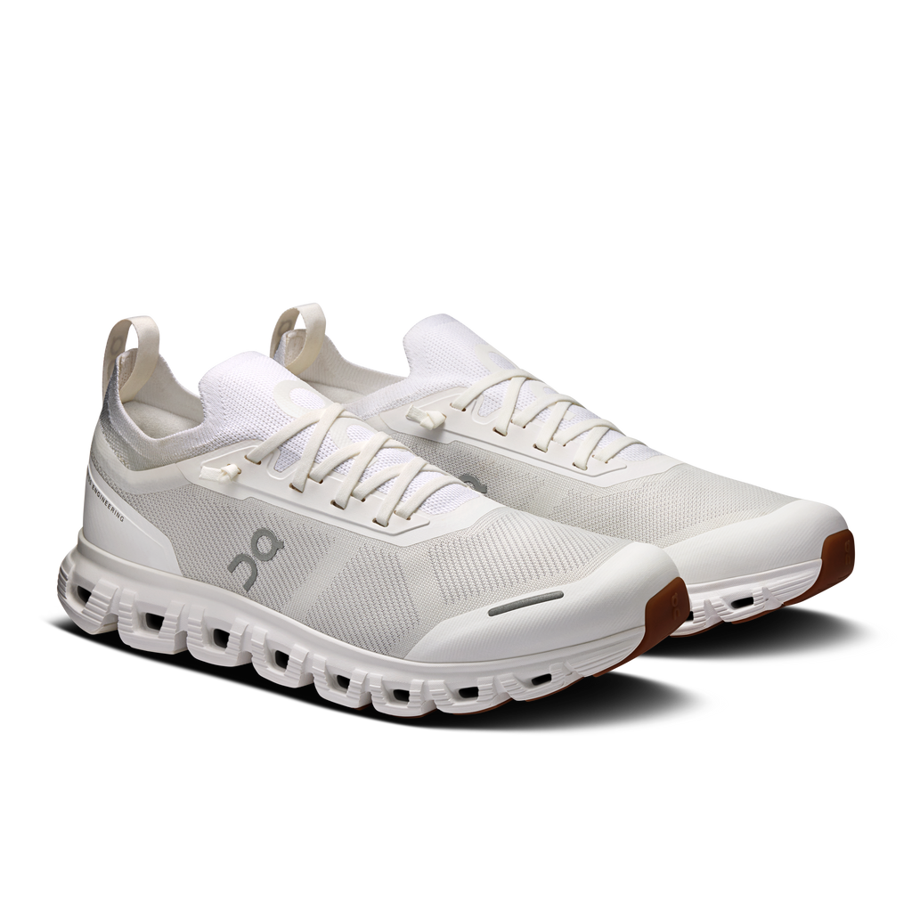 Men's On running shoes, white lace-up with gray logo and Cloud-style outsole