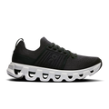 Women's running shoes, black knit upper with lace-up and white cushioned sole