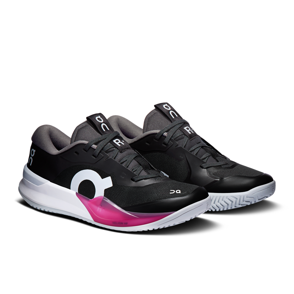 Women's On Running court shoe pair, black with pink accent and chunky white sole