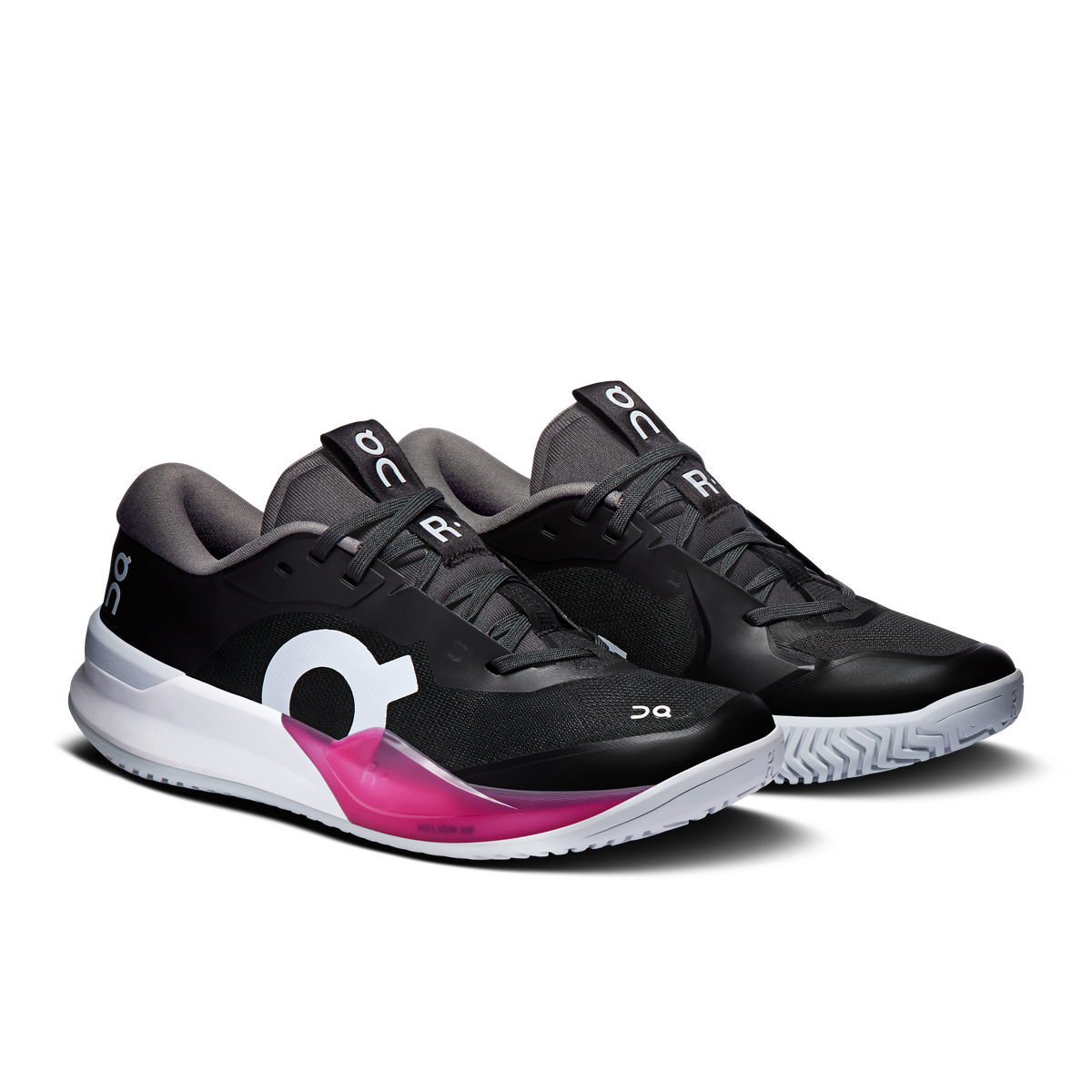 Women's On Running court shoe pair, black with pink accent and chunky white sole