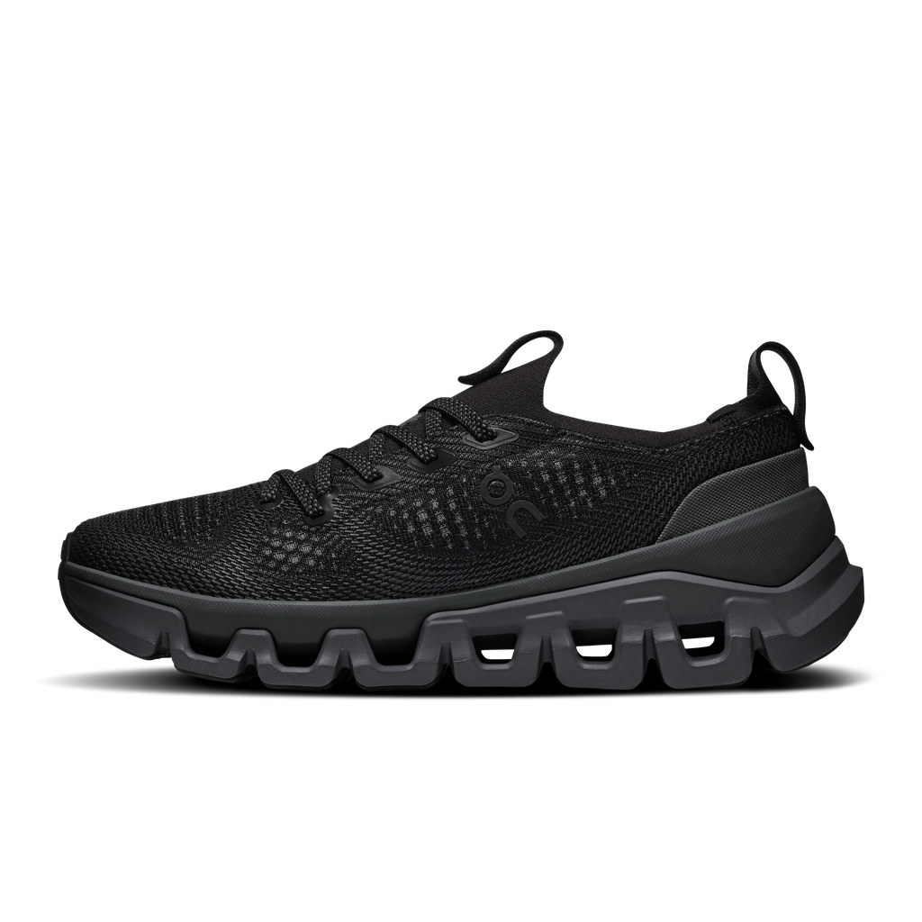Men's black lace-up running shoe with breathable knit upper and rugged front tread