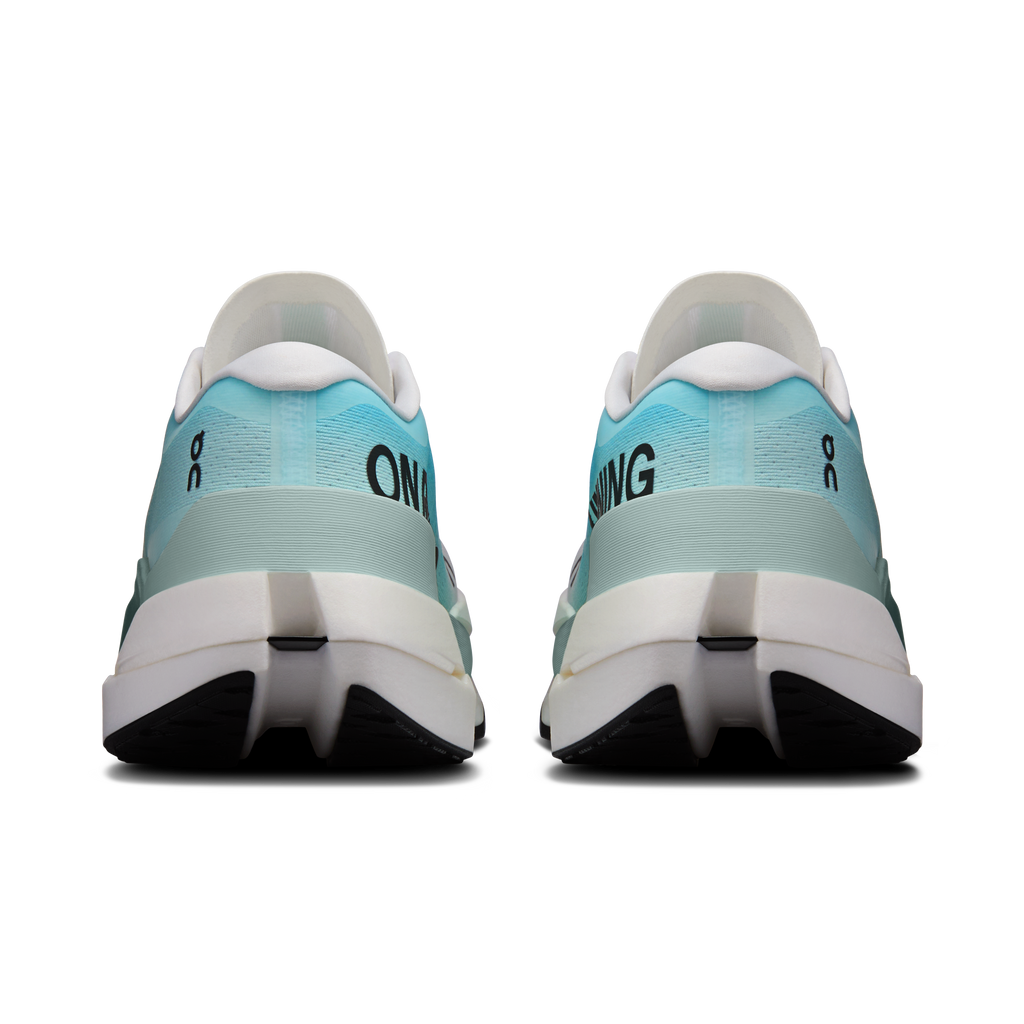 Men's white and teal running shoes, back view with cushioned heel and sole