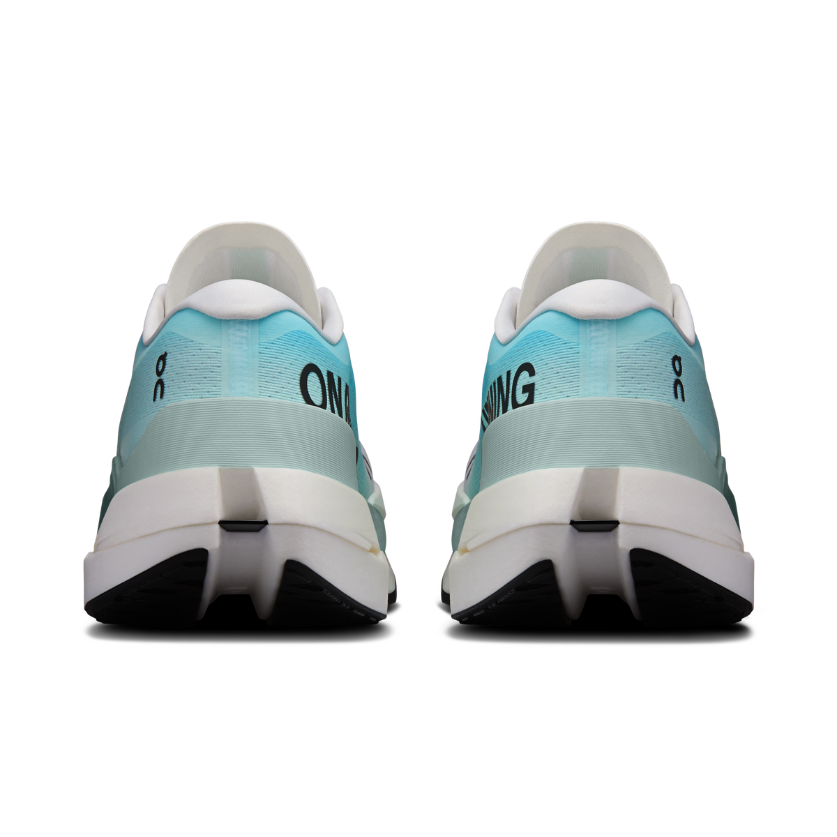 Men's white and teal running shoes, back view with cushioned heel and sole