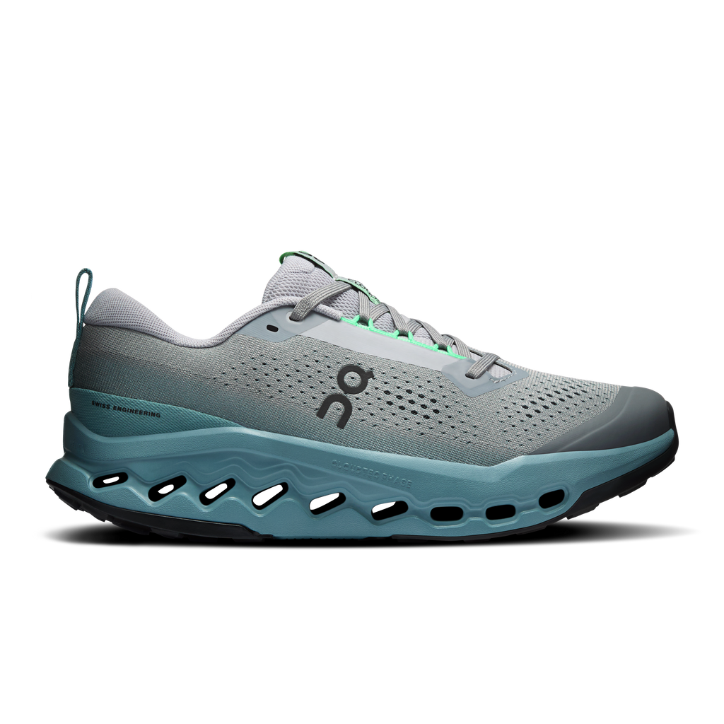 Men's trail running shoes, light gray mesh with teal midsoles and neon green accents.