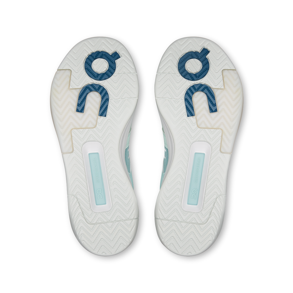Pair of shoe outsoles with geometric tread and On logo